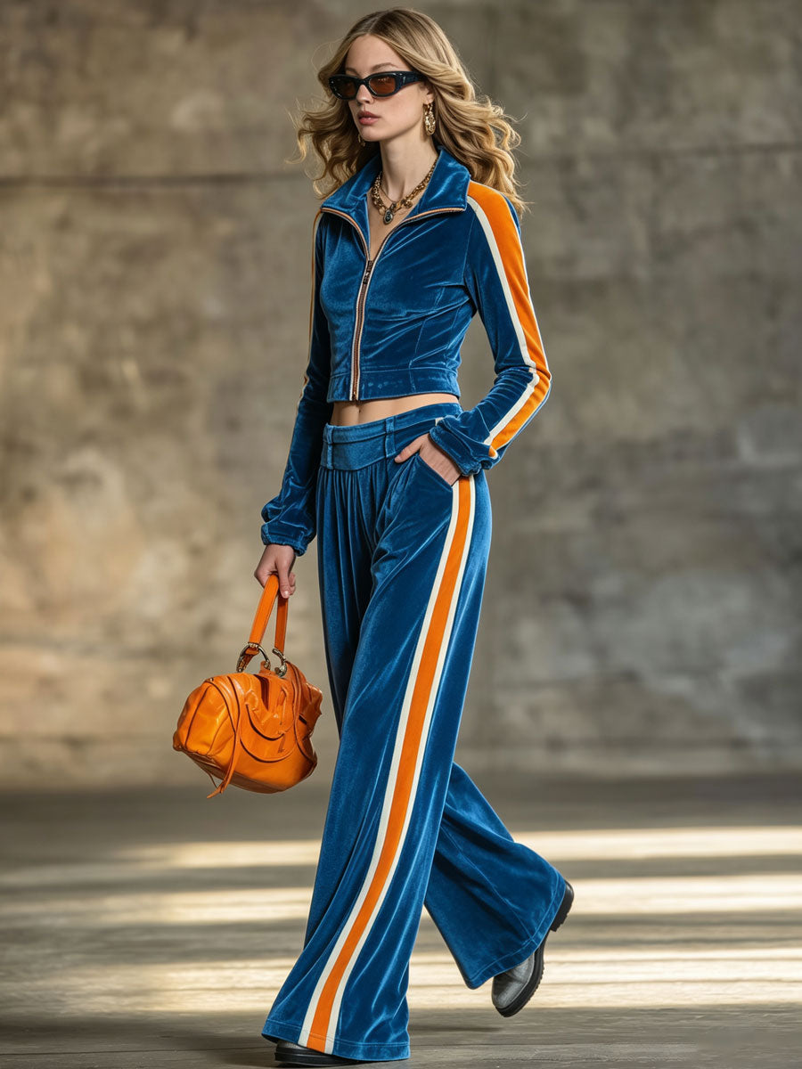 Casual Retro Color-blocked Long-sleeved Royal Blue Velvet Top And Pants Set
