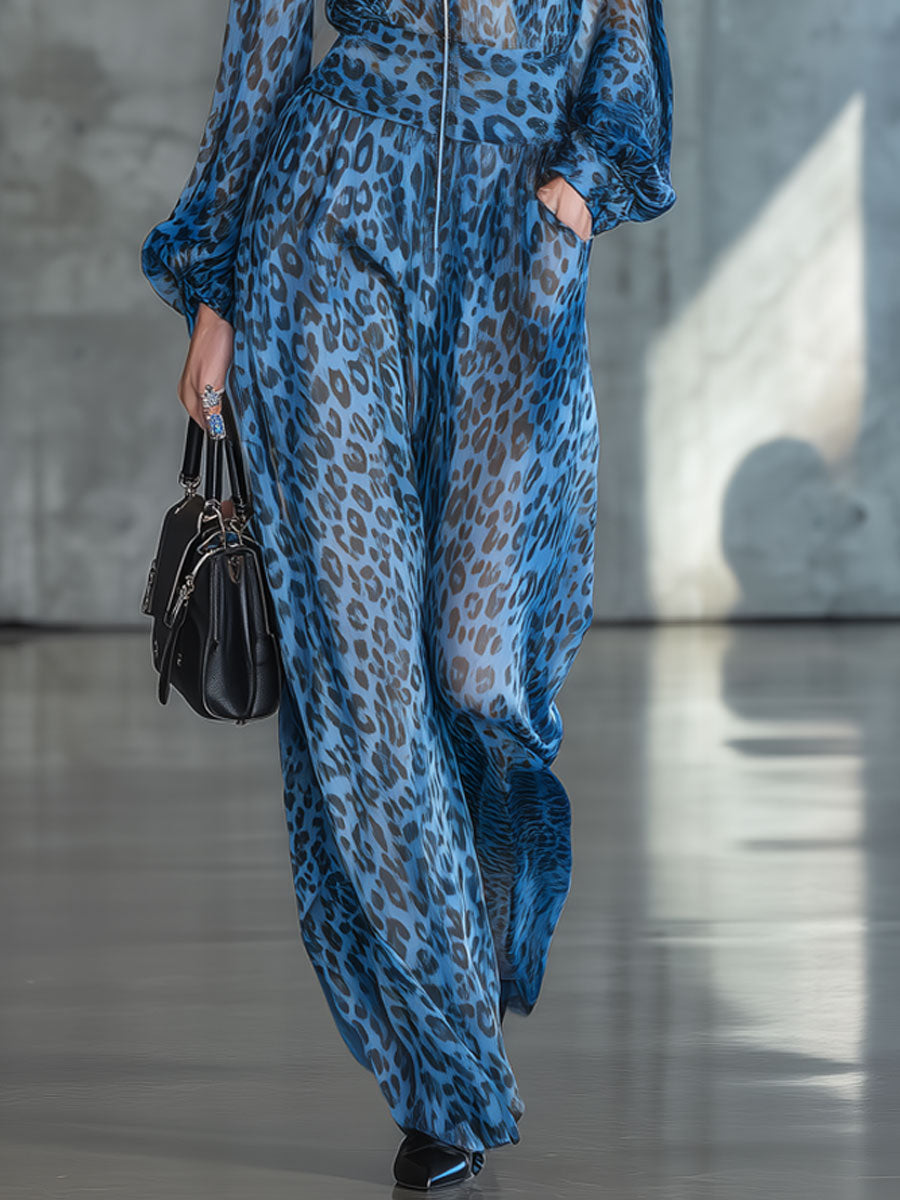 Elegant Retro Blue Leopard Print Chiffon Black Long-sleeved Jumpsuit
