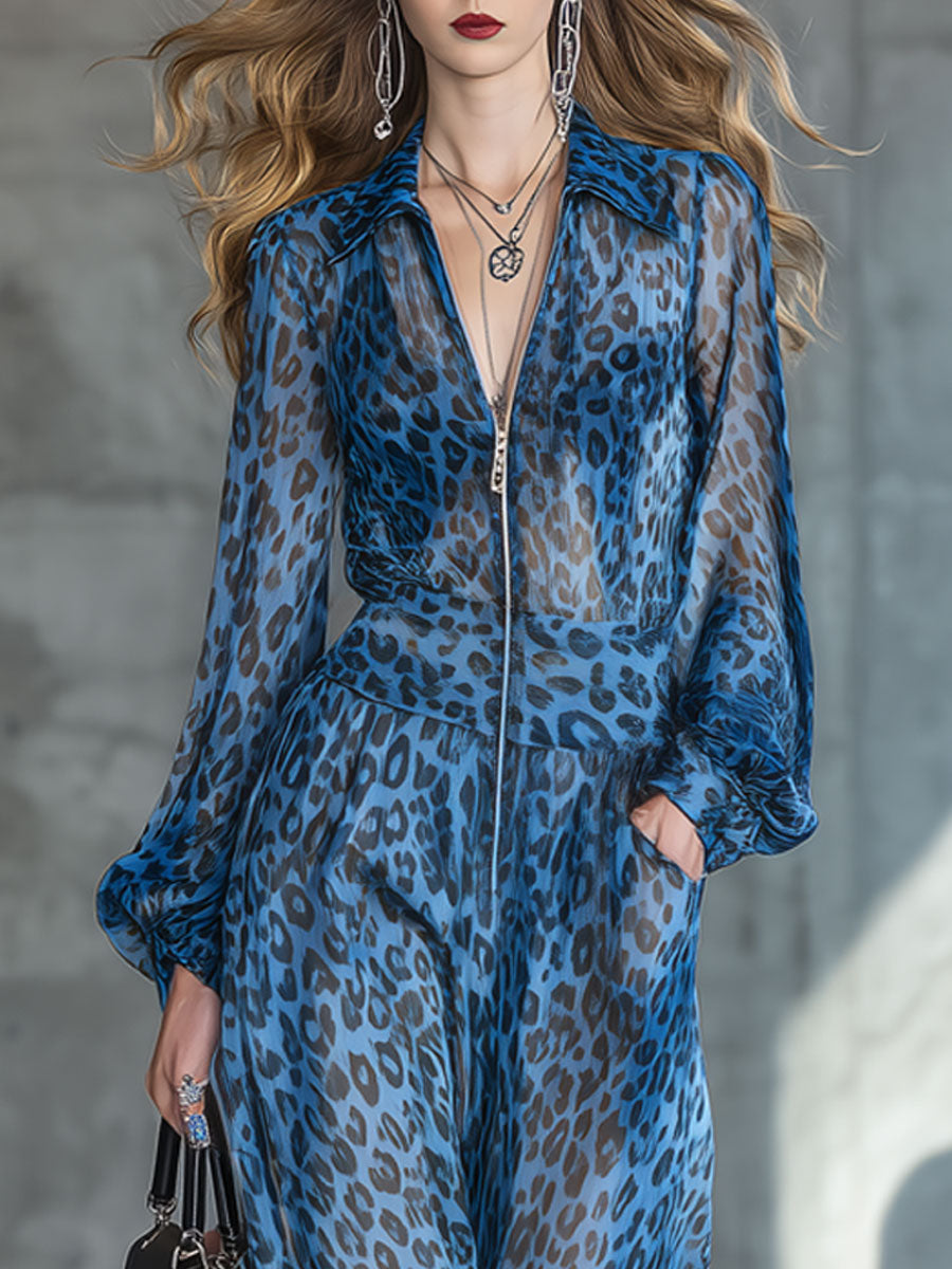 Elegant Retro Blue Leopard Print Chiffon Black Long-sleeved Jumpsuit