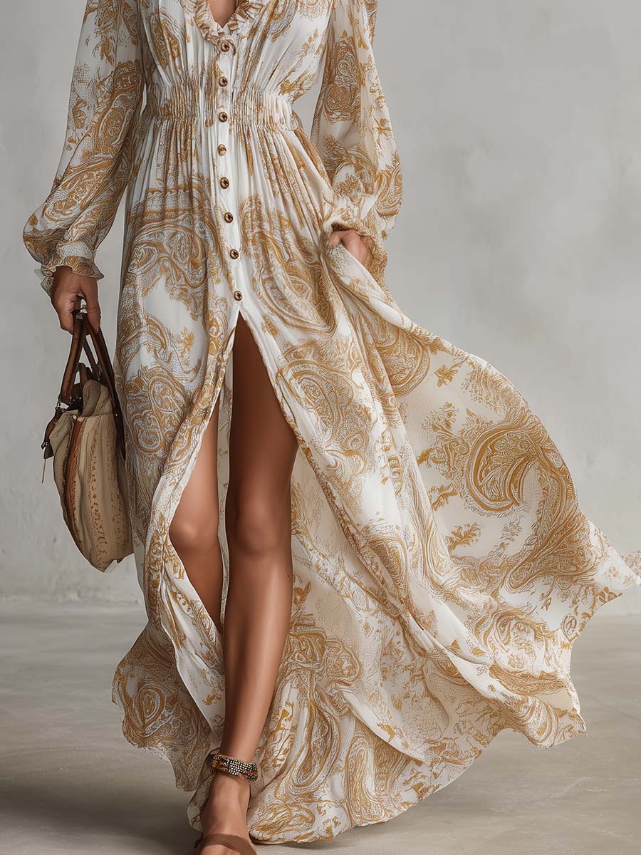 Boho Paisley Print Chiffon Button-Front Ruffle V-Neck Maxi Dress