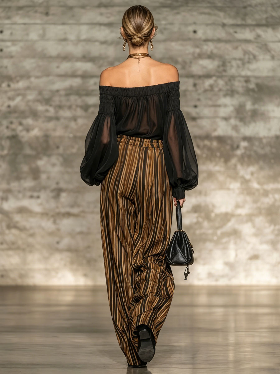 Elegant Retro Chiffon Black Long-sleeved Top And Striped Wide-leg Pants Set