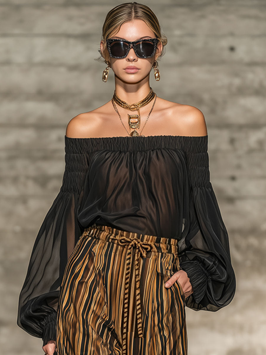 Elegant Retro Chiffon Black Long-sleeved Top And Striped Wide-leg Pants Set