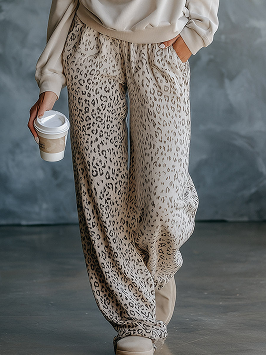 Casual-chic Oatmeal Heart-print Sweatshirt And Leopard-print Sweatpants Set