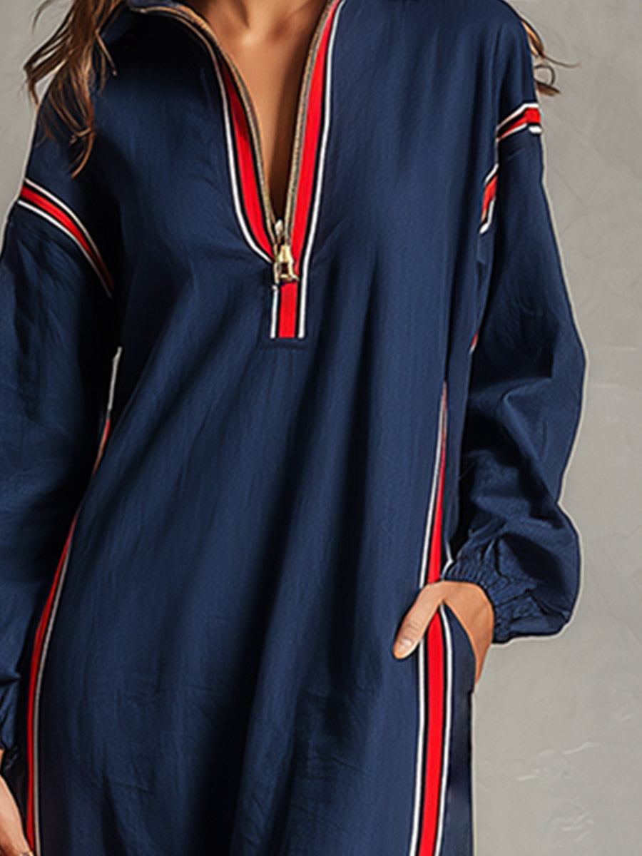 Retro Casual Red-trimmed Navy Cotton Maxi Dress