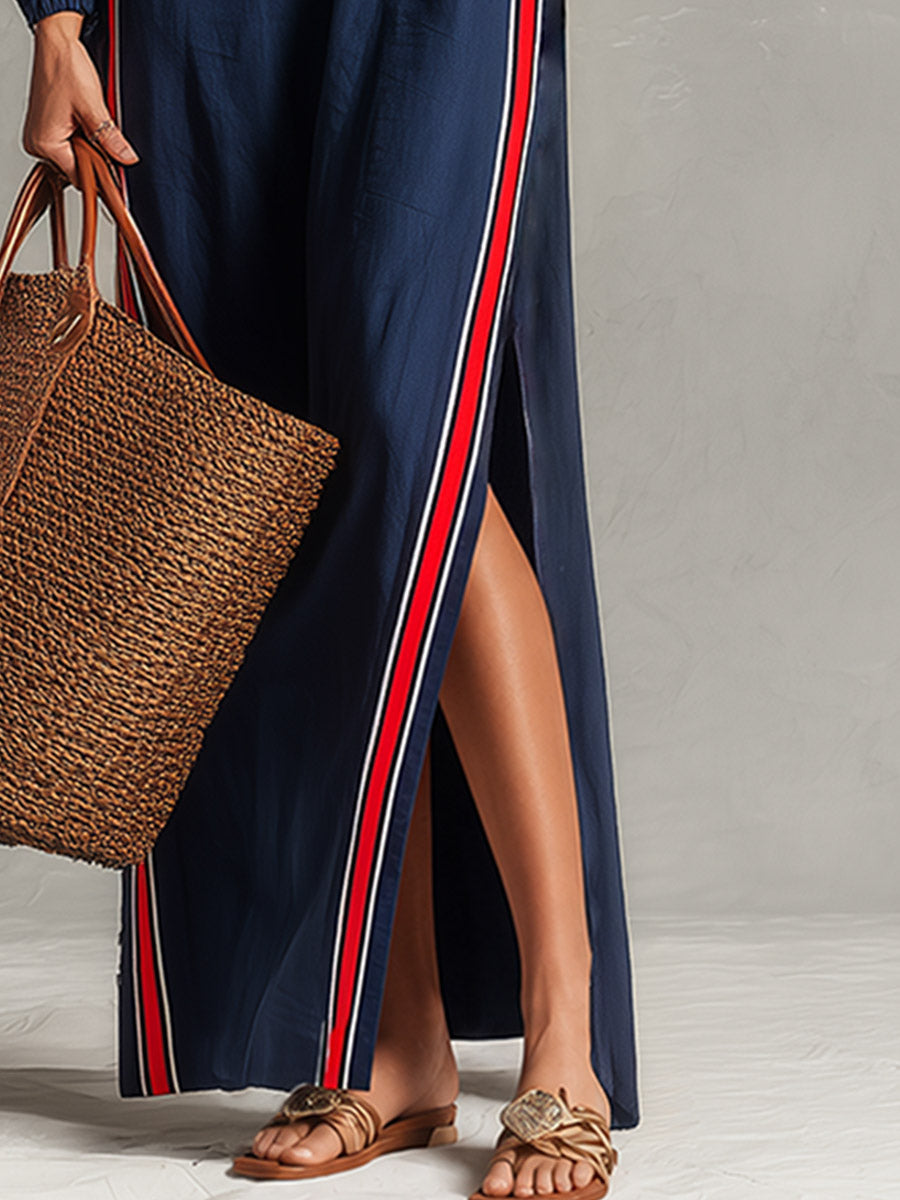 Retro Casual Red-trimmed Navy Cotton Maxi Dress