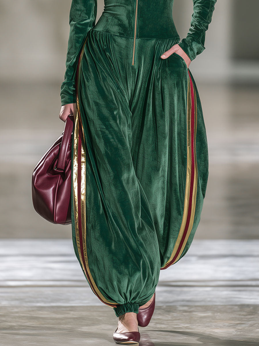 Casual Retro Color-blocked Ribbon Long-sleeved Green Velvet Balloon Jumpsuit