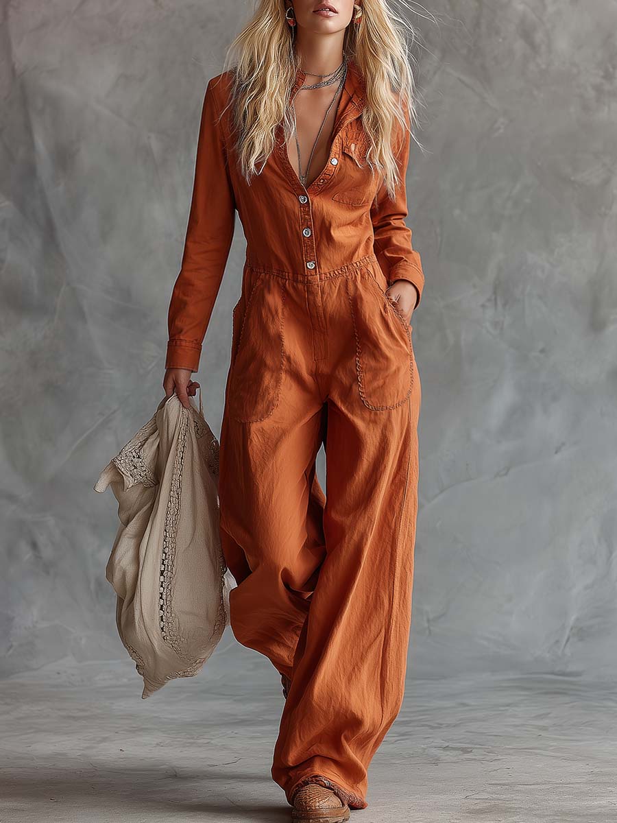 Casual Fashion Western V-neck Front-button Long-sleeved Rust-orange Cotton Jumpsuit