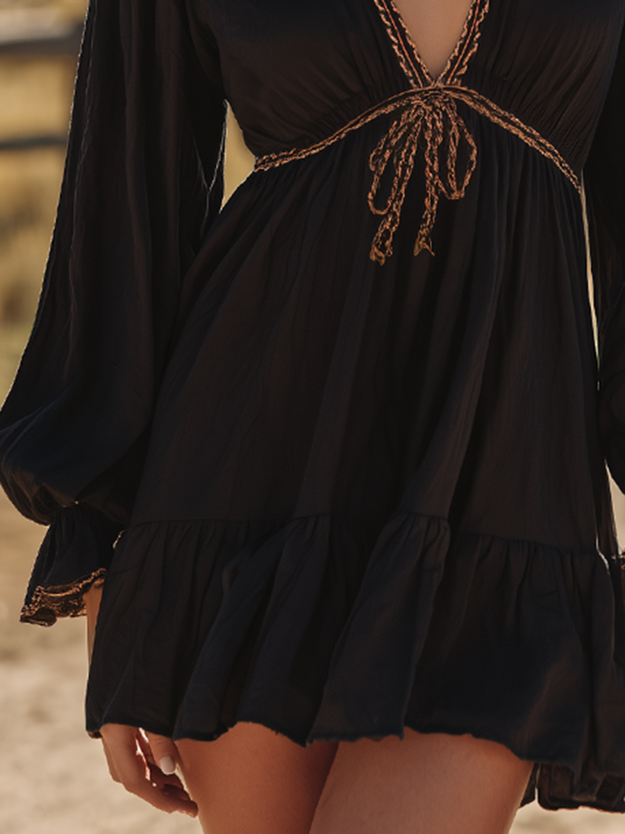 Black Lace-Up Dress With Retro-Casual Western Style