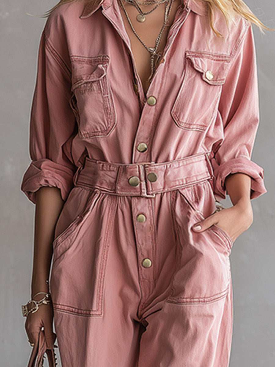 Chic And Casual Dusty Pink Loose-fit Denim Jumpsuit