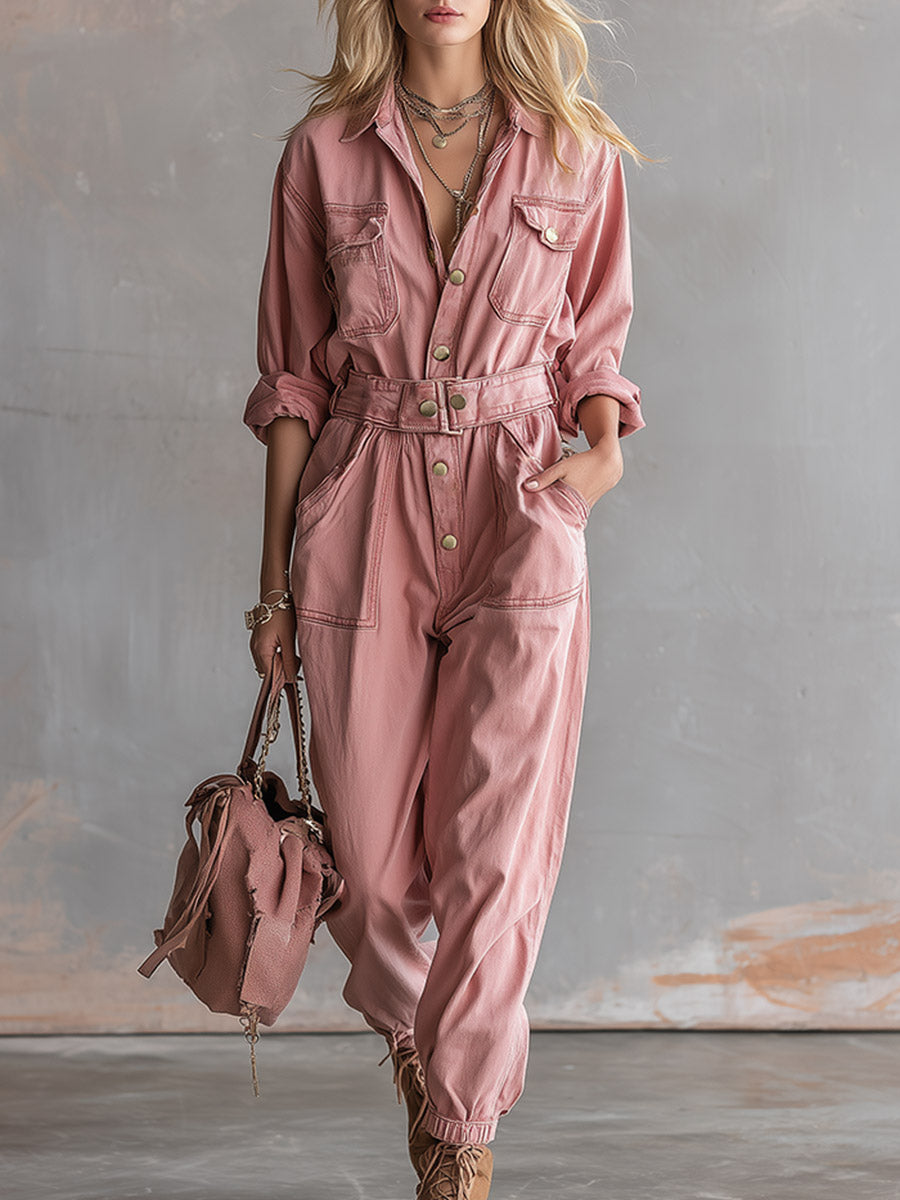 Chic And Casual Dusty Pink Loose-fit Denim Jumpsuit