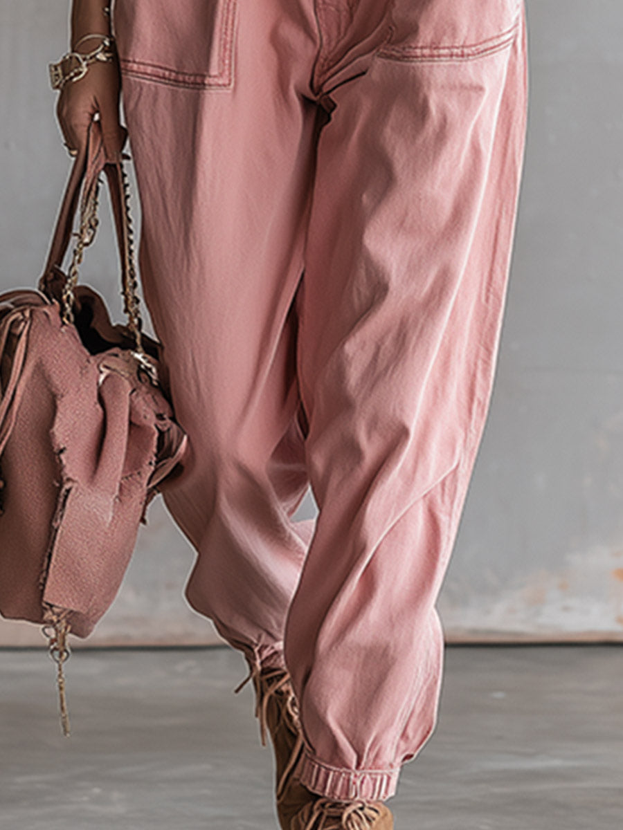 Chic And Casual Dusty Pink Loose-fit Denim Jumpsuit