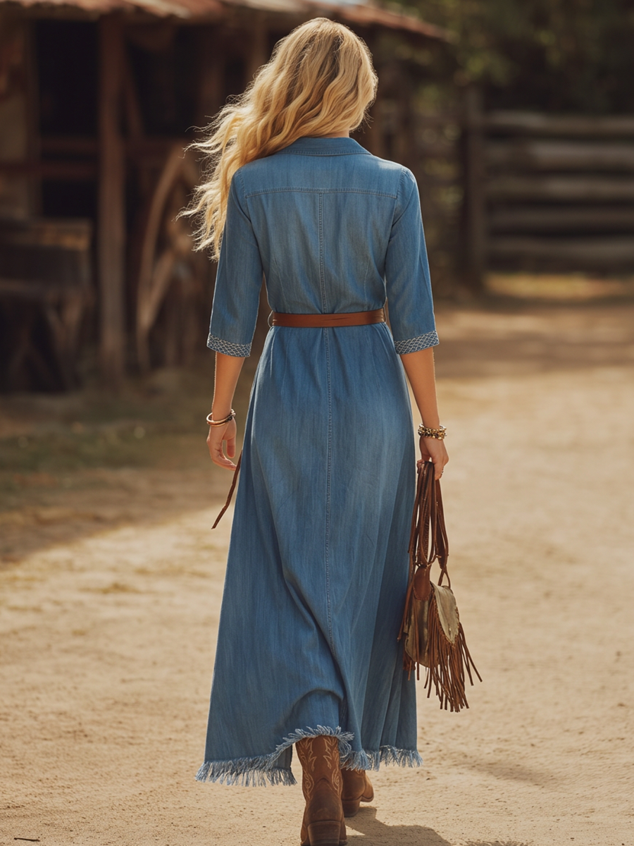 Western Denim Maxi Dress – Embroidered Trim Belted Waist Frayed Hem Slit