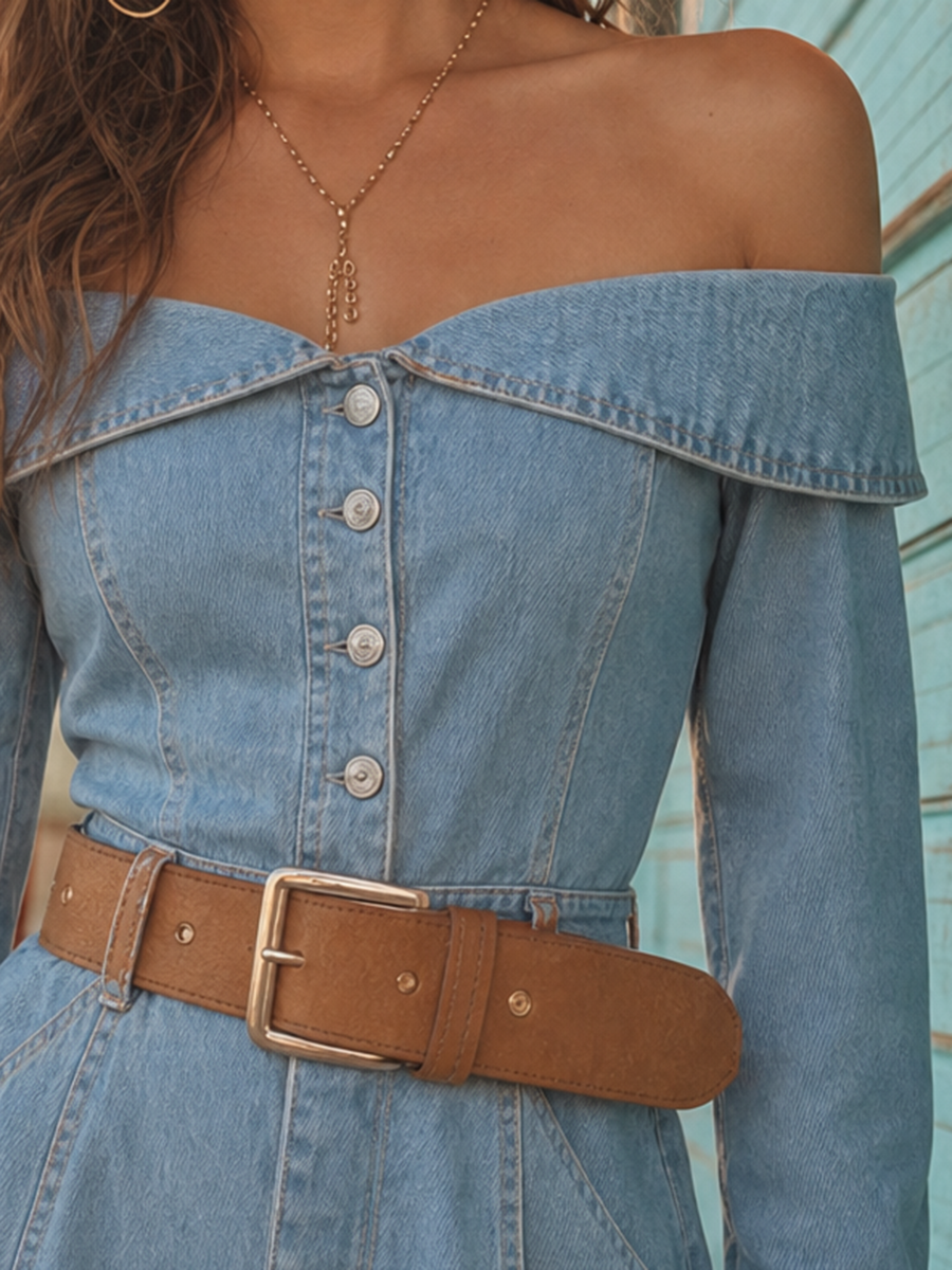 Western Denim Off-Shoulder Dress – Button Placket Belt Long Sleeve A-Line Mini