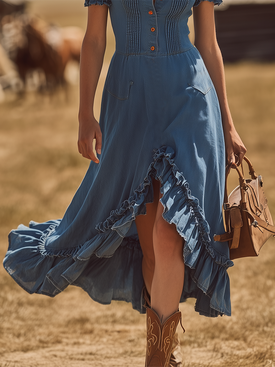 Vintage Bohemian Embroidered Ruffle Denim Midi Dress