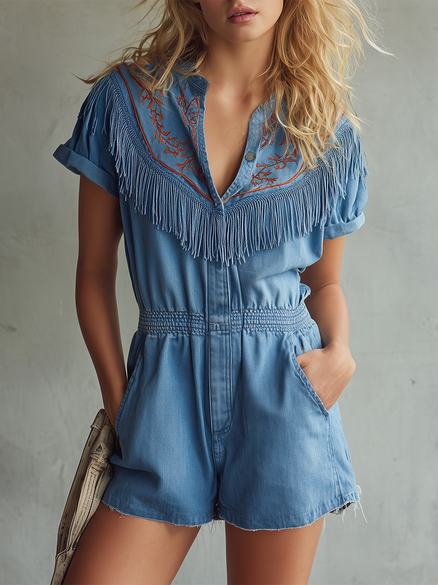 Western Embroidered Fringe Denim Jumpsuit