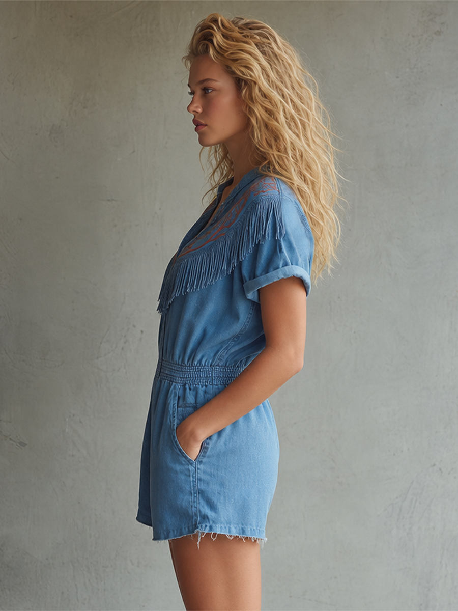 Western Embroidered Fringe Denim Jumpsuit