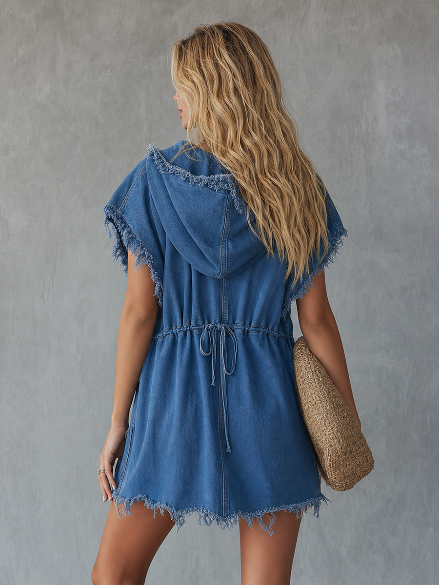 American Hooded Raw-edge Denim Mini Dress