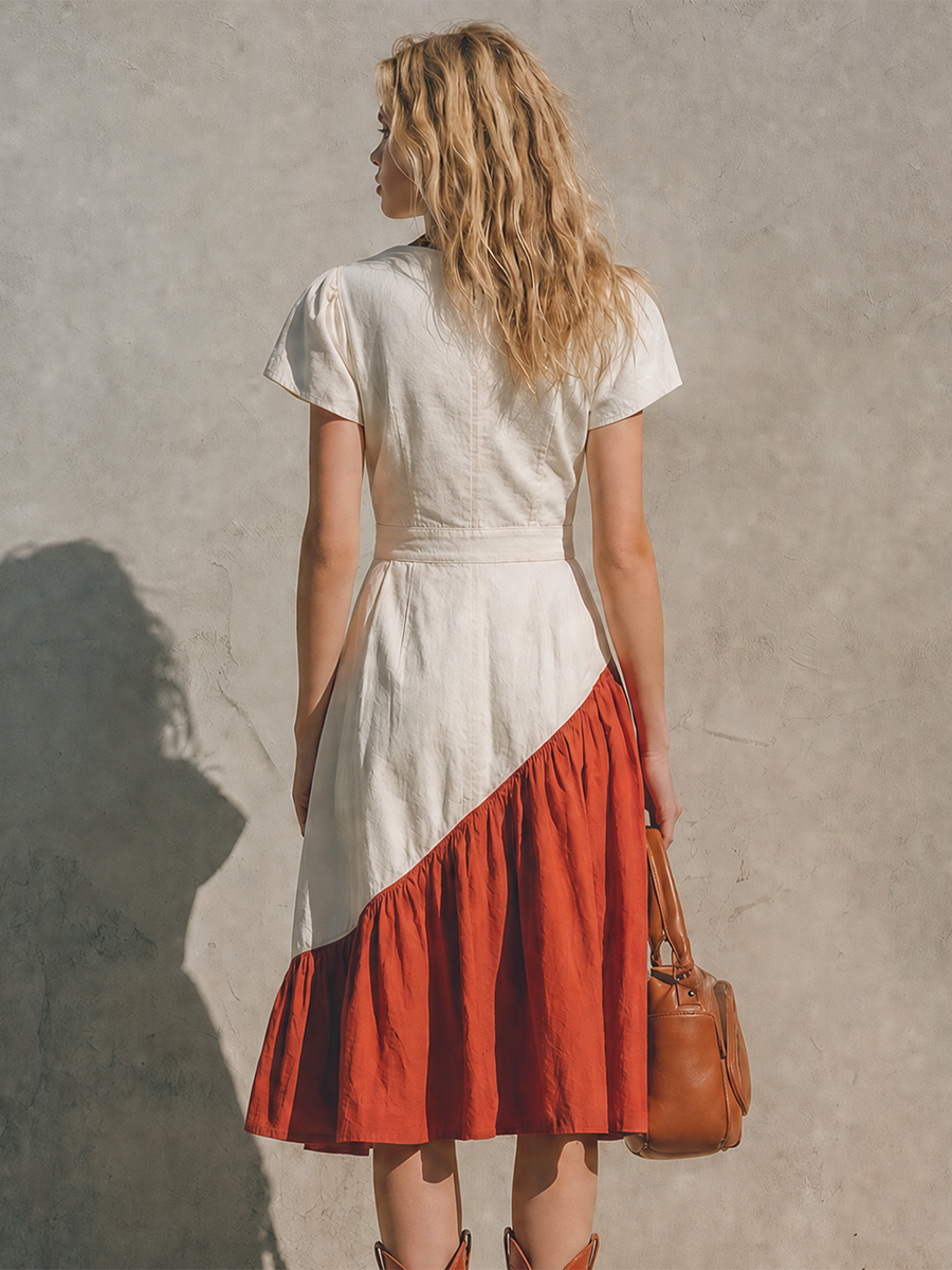 Vintage Bohemian Contrast-panel Denim Midi Dress