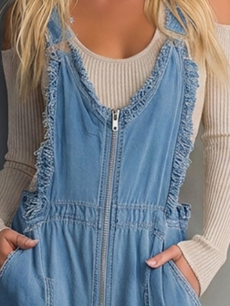 Washed Denim Wide-Leg Overalls – Zip Front Frayed Straps Patch Pockets