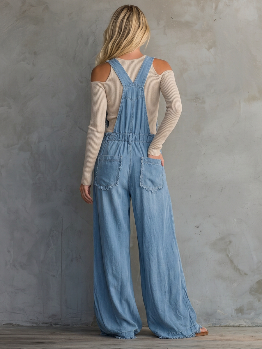 Washed Denim Wide-Leg Overalls – Zip Front Frayed Straps Patch Pockets