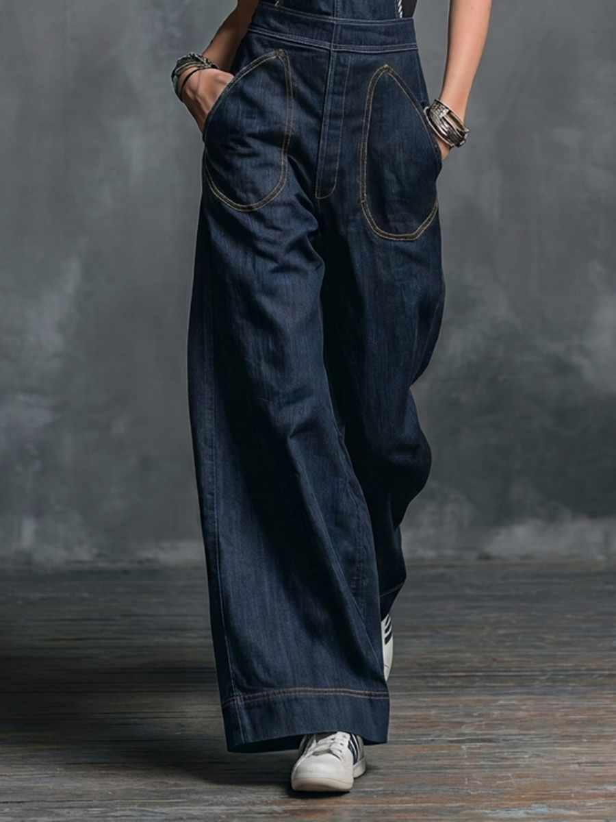 Wide-Leg Denim Overalls – Deep V-Neck Contrast Rope Trim Loose Fit