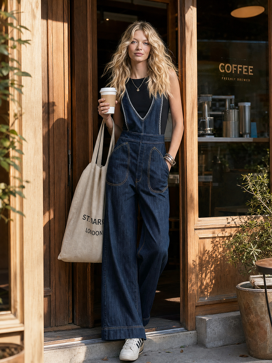Wide-Leg Denim Overalls – Deep V-Neck Contrast Rope Trim Loose Fit