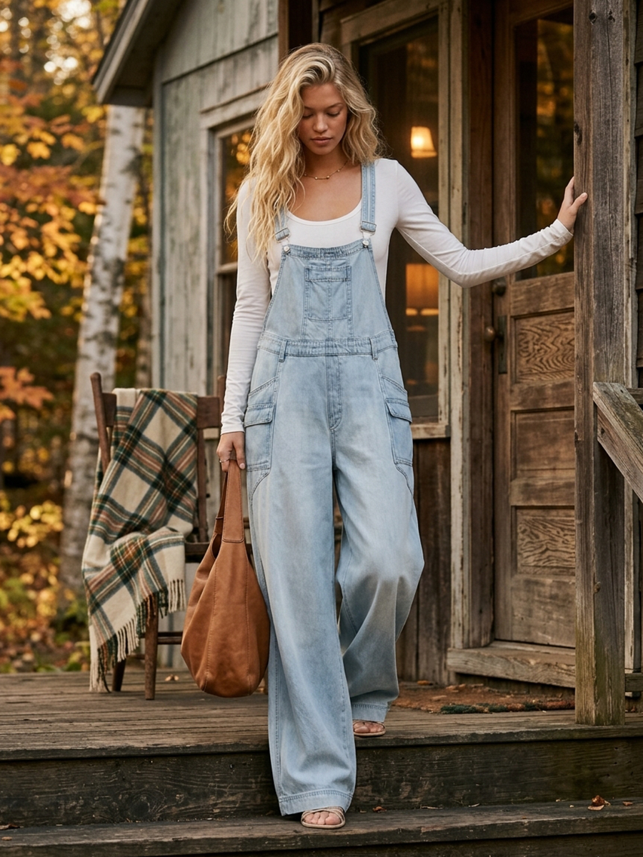 Light-Wash Wide-Leg Denim Overalls – Adjustable Straps Cargo Pockets Loose Fit