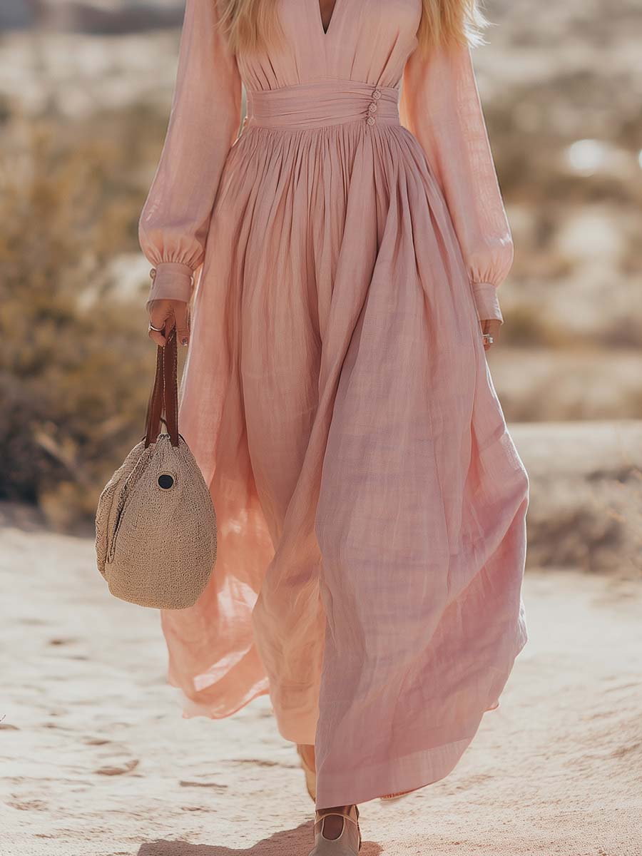 Bohemian West Resort Elegant Long-sleeved Cotton Linen Dress
