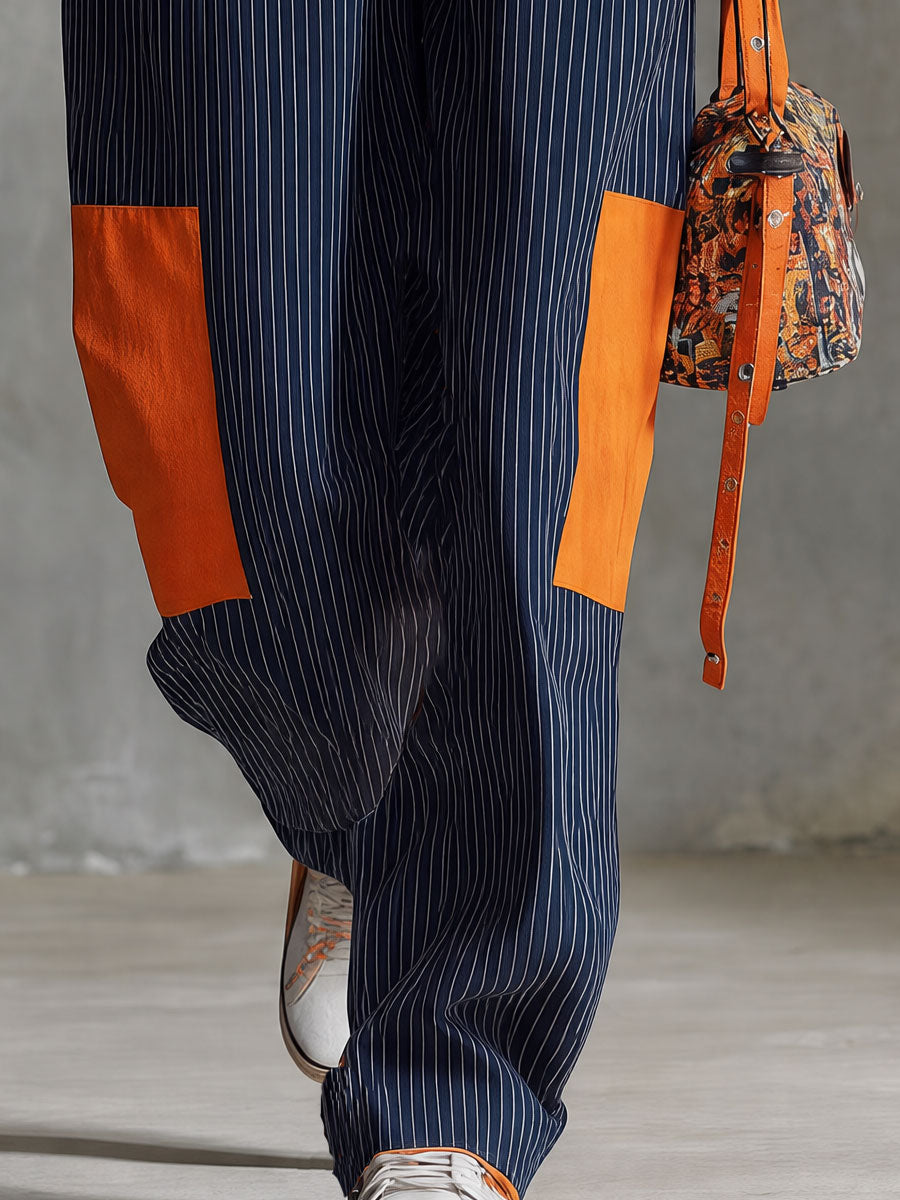 Retro Casual Blue Striped Color-blocked Pocket Cotton Jumpsuit