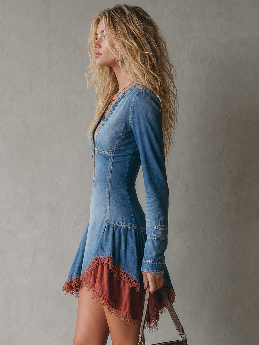 Bohemian Lace-panel Denim Mini Dress