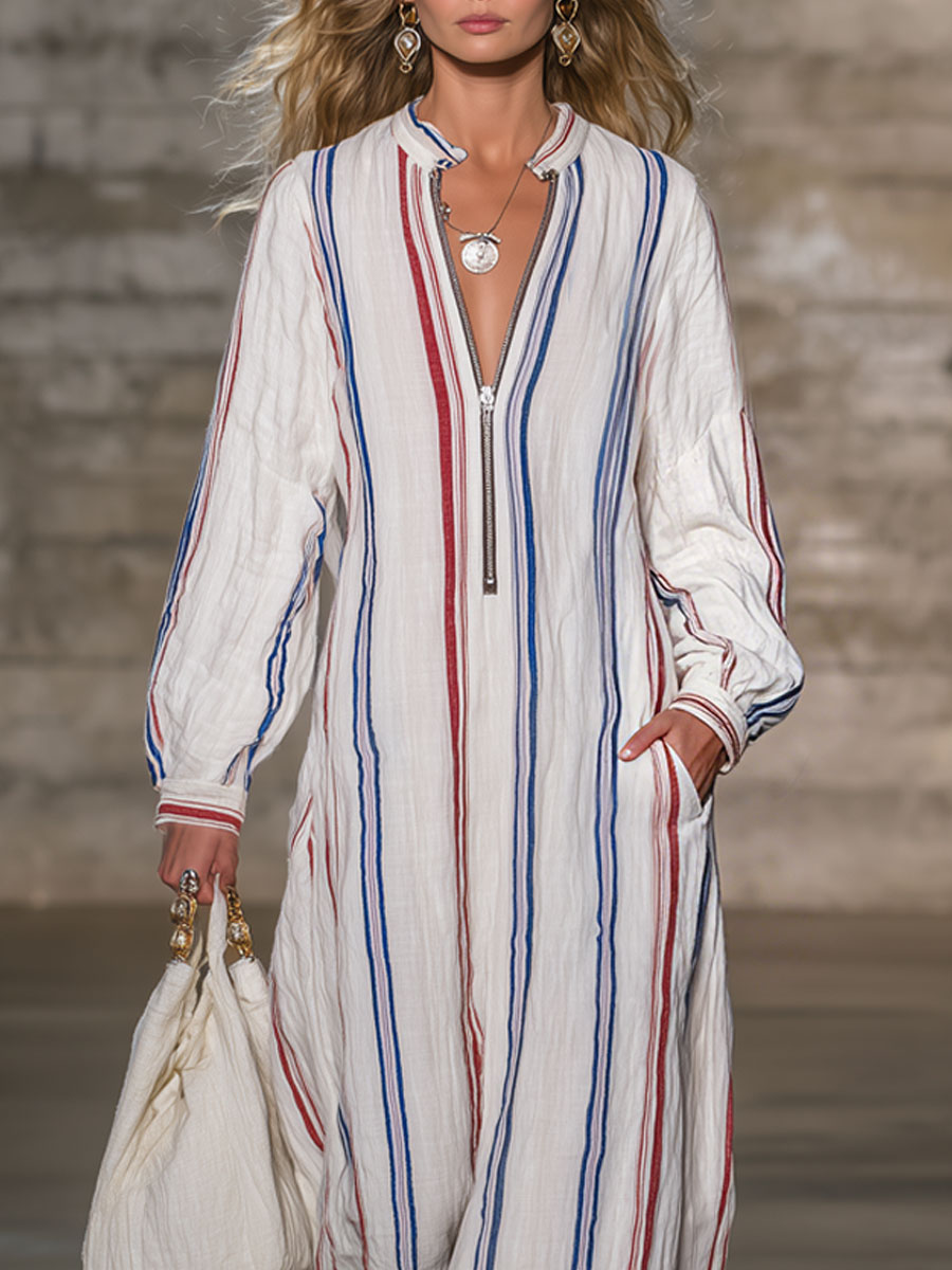 Casual Retro Striped Cotton Linen Long-sleeved Maxi Dress