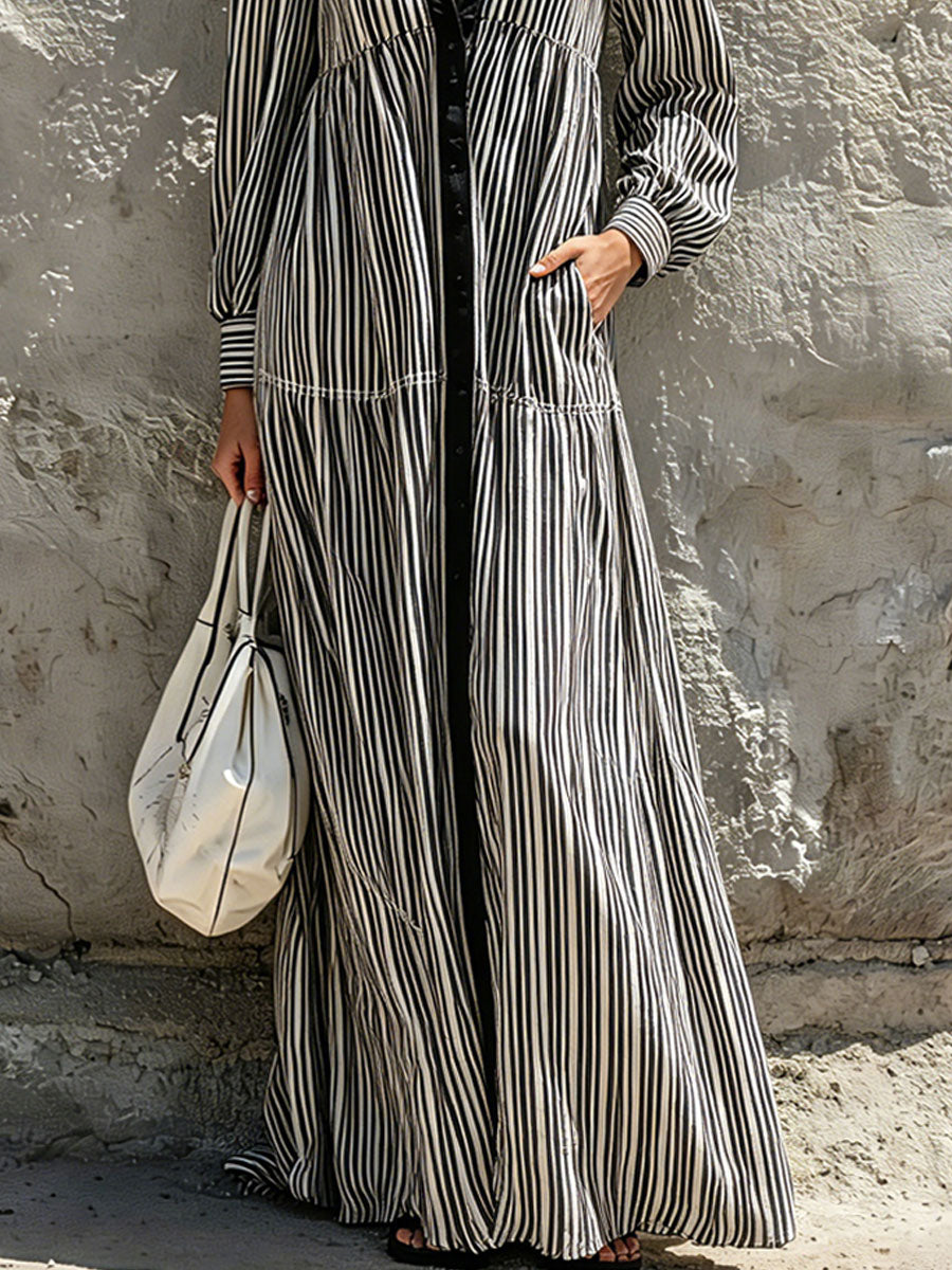 Casual Retro Black And White Striped Cotton And Linen Long-sleeved Maxi Dress