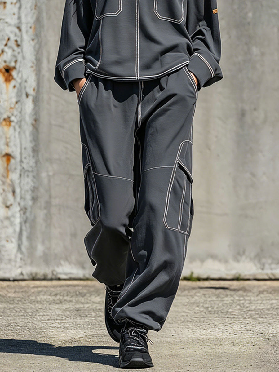 Sporty Retro Dark Gray Cotton Sweatshirt And Cargo Pants Set