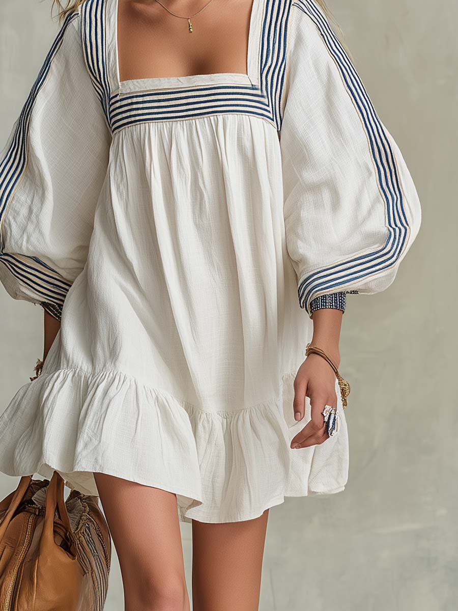 Coastal Striped-Trim Cotton-Linen Square-Neck Puff-Sleeve Babydoll Mini Dress