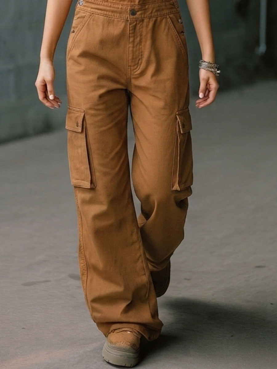 Camel Wide-Leg Cargo Overalls – Adjustable Straps Heart-Flag Patch Loose Fit