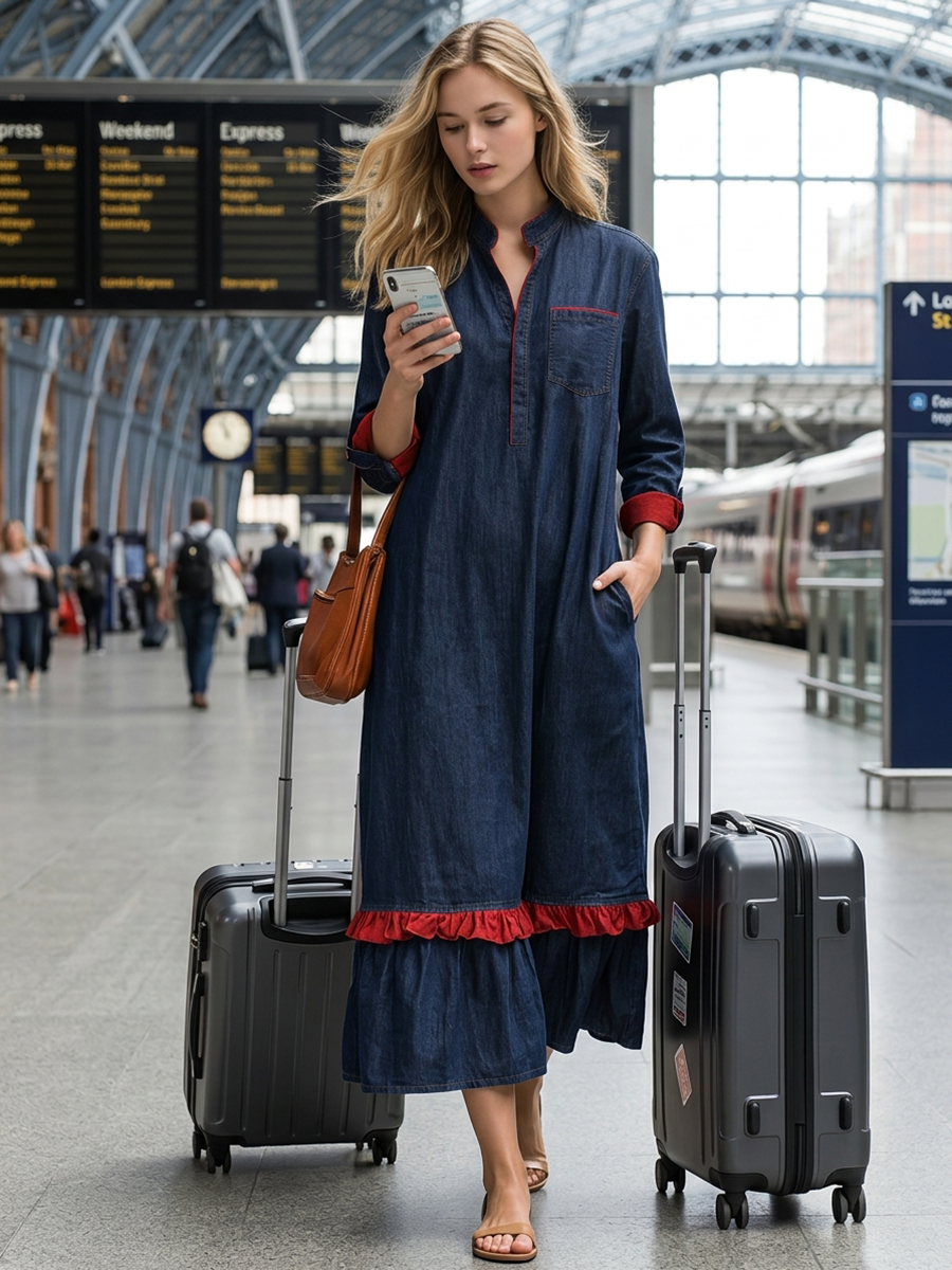 Vintage Denim Shirt Maxi – Red Piping Chest Pocket Ruffle Hem 3/4 Sleeve