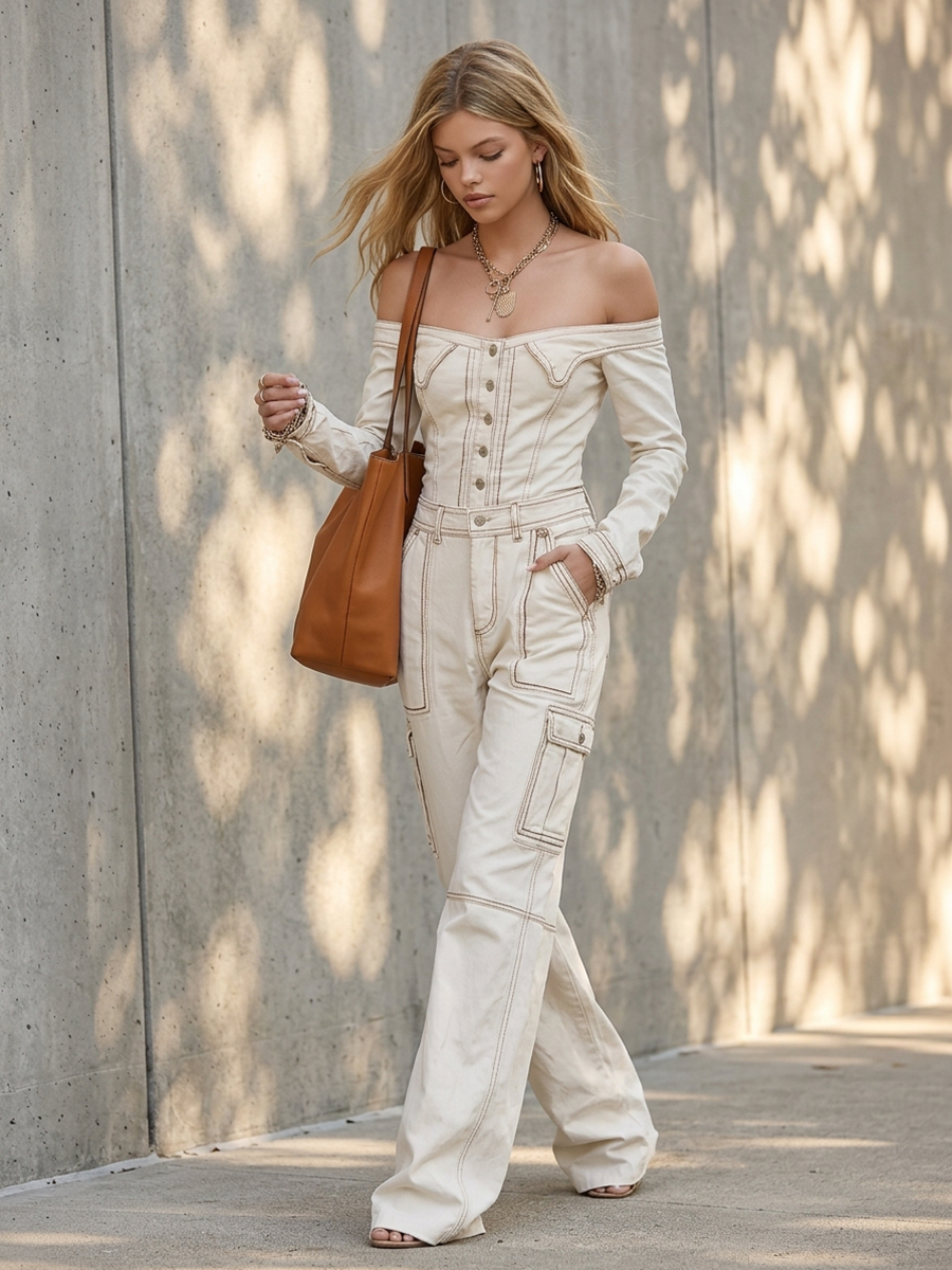Western Denim Jumpsuit – Off-Shoulder Bardot Button Bodice Wide-Leg Cargo