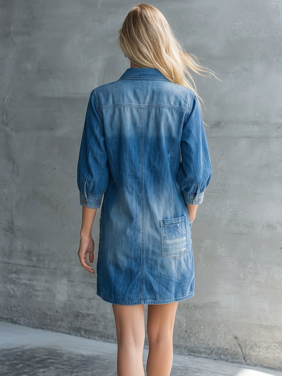Vintage Denim Shirt Dress – Half-Zip, Three-Quarter Sleeve, Cargo Pockets