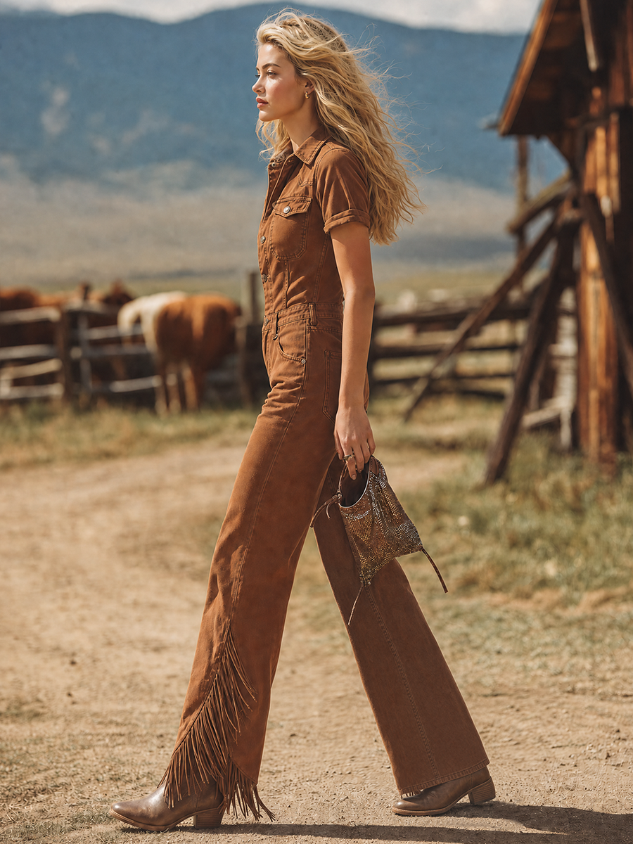 Vintage Lapel-collar Fringe Denim Jumpsuit