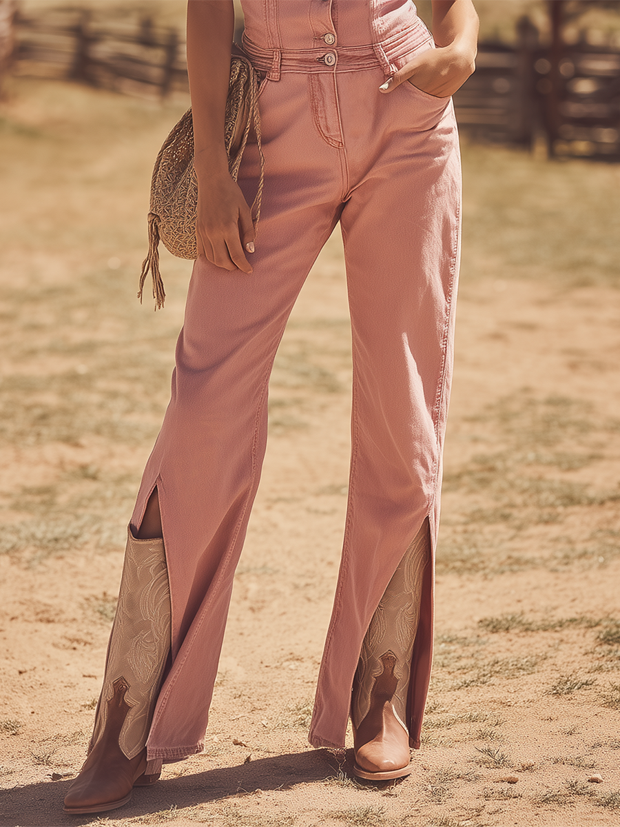 Western Vintage Slit-detail Denim Jumpsuit