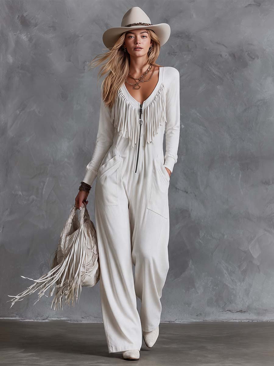 Casual Retro Western V-Neck Long-sleeved And Fringe White Faux Suede Jumpsuit