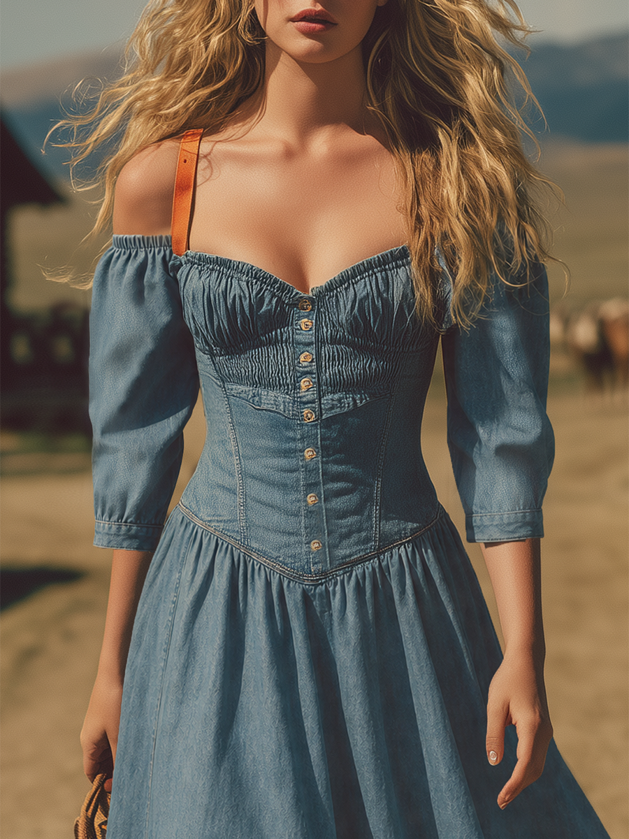 Western Off-the-shoulder Strappy Denim Dress