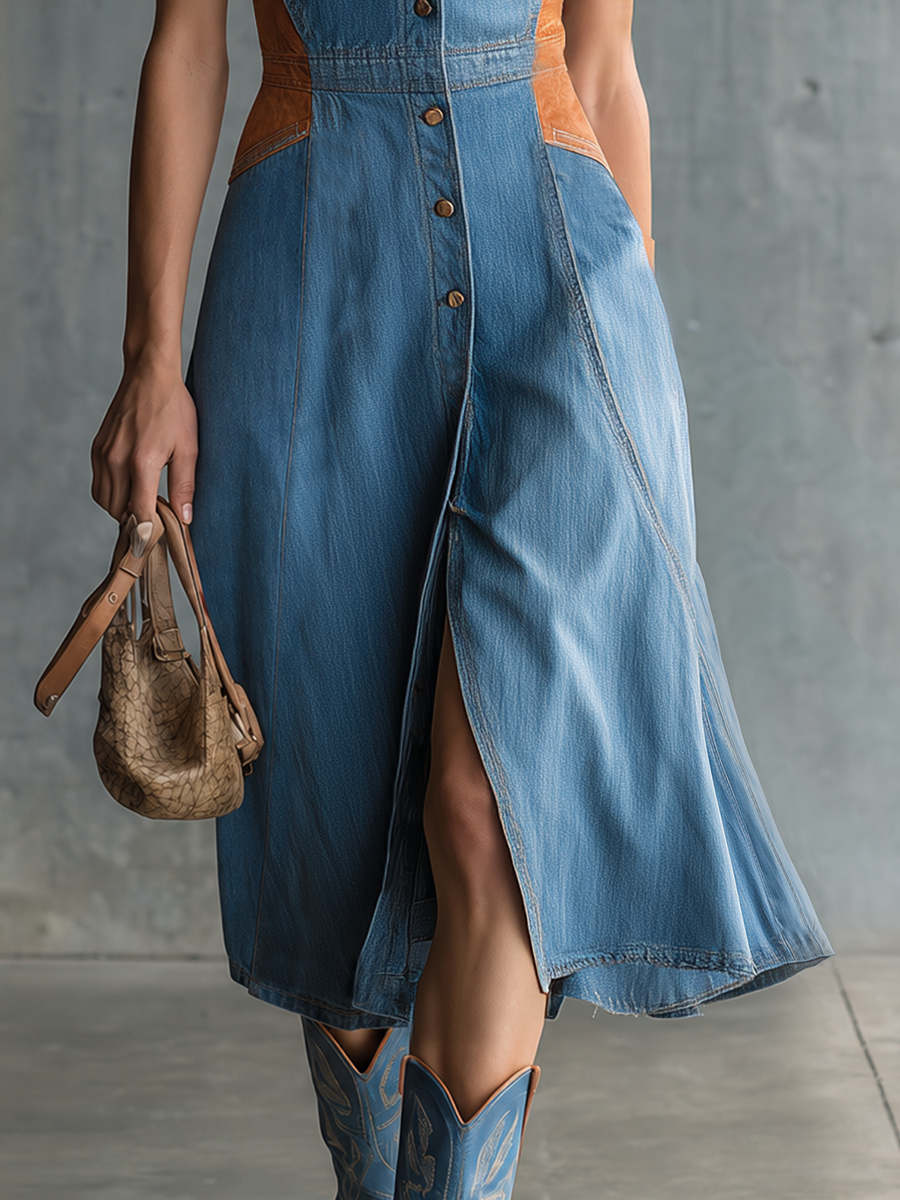 Western Suede-panel Contrast Denim Dress
