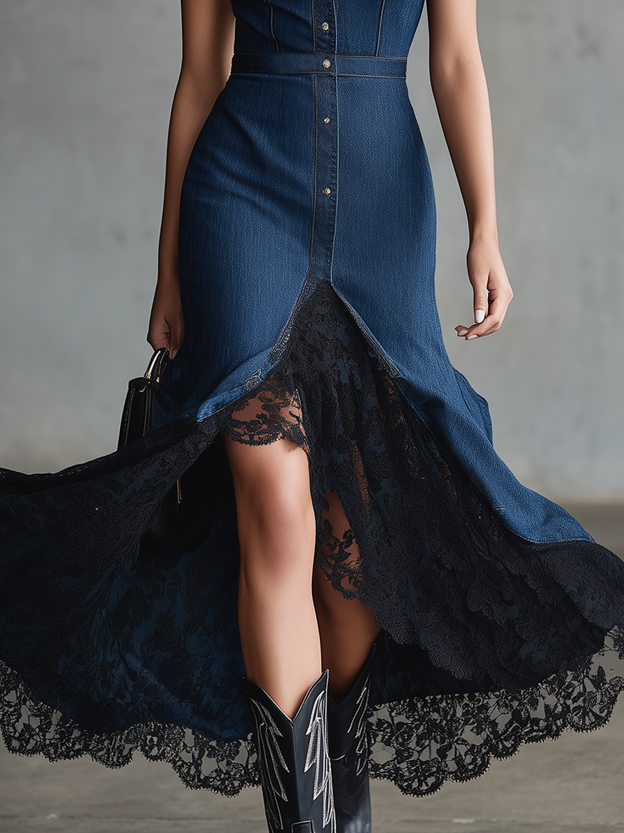 Western Lace-panel Denim Mermaid Dress