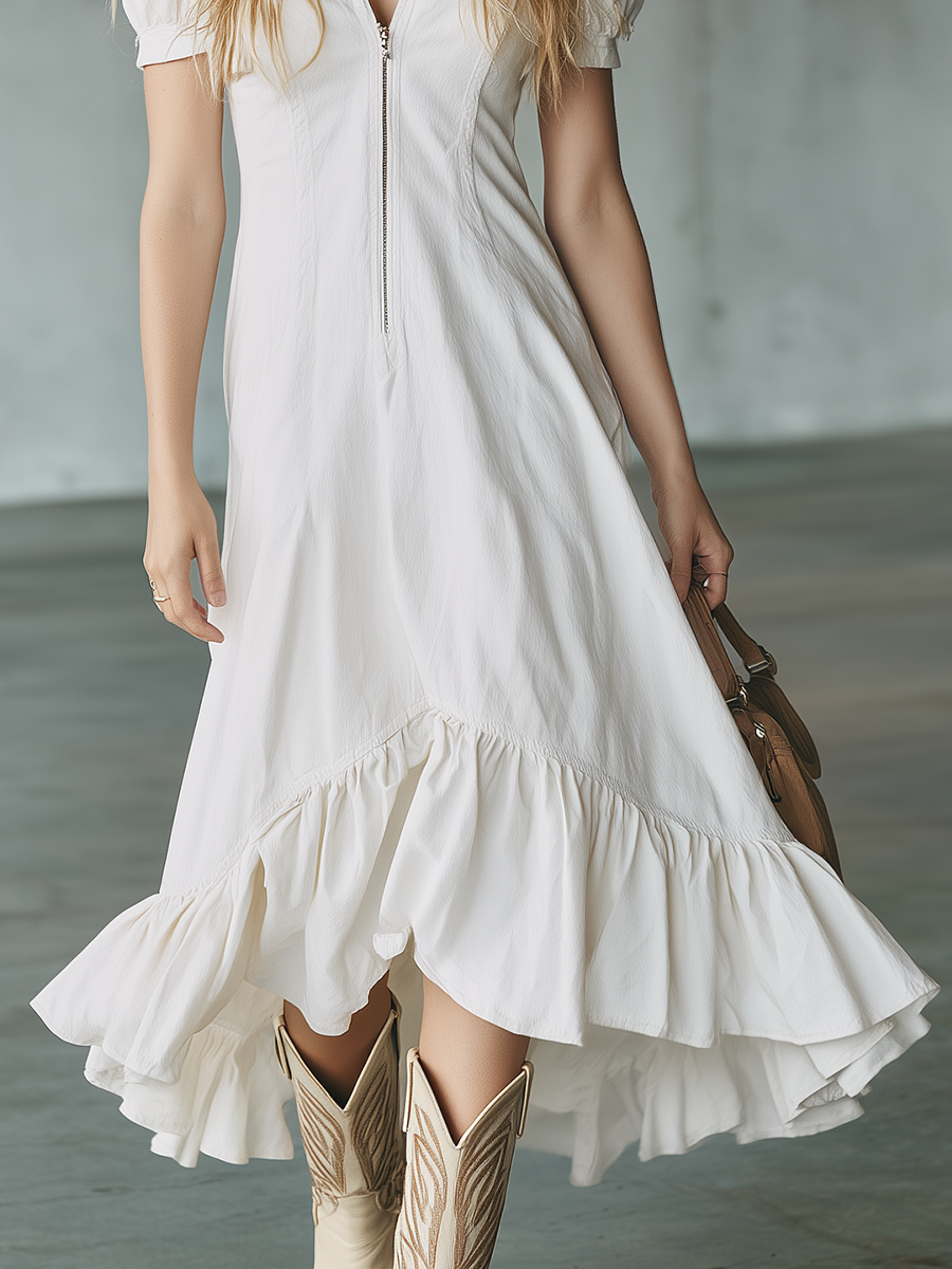 Casual Puff-sleeve Ruffle Denim Dress