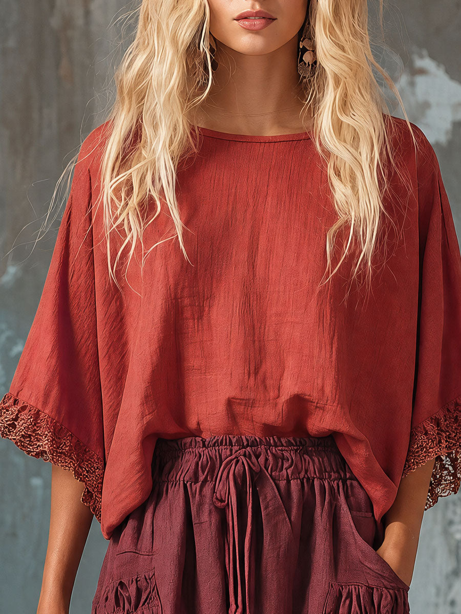 Casual Retro Red Batwing Sleeve Cotton And Linen T-shirt And Lantern Pants Set