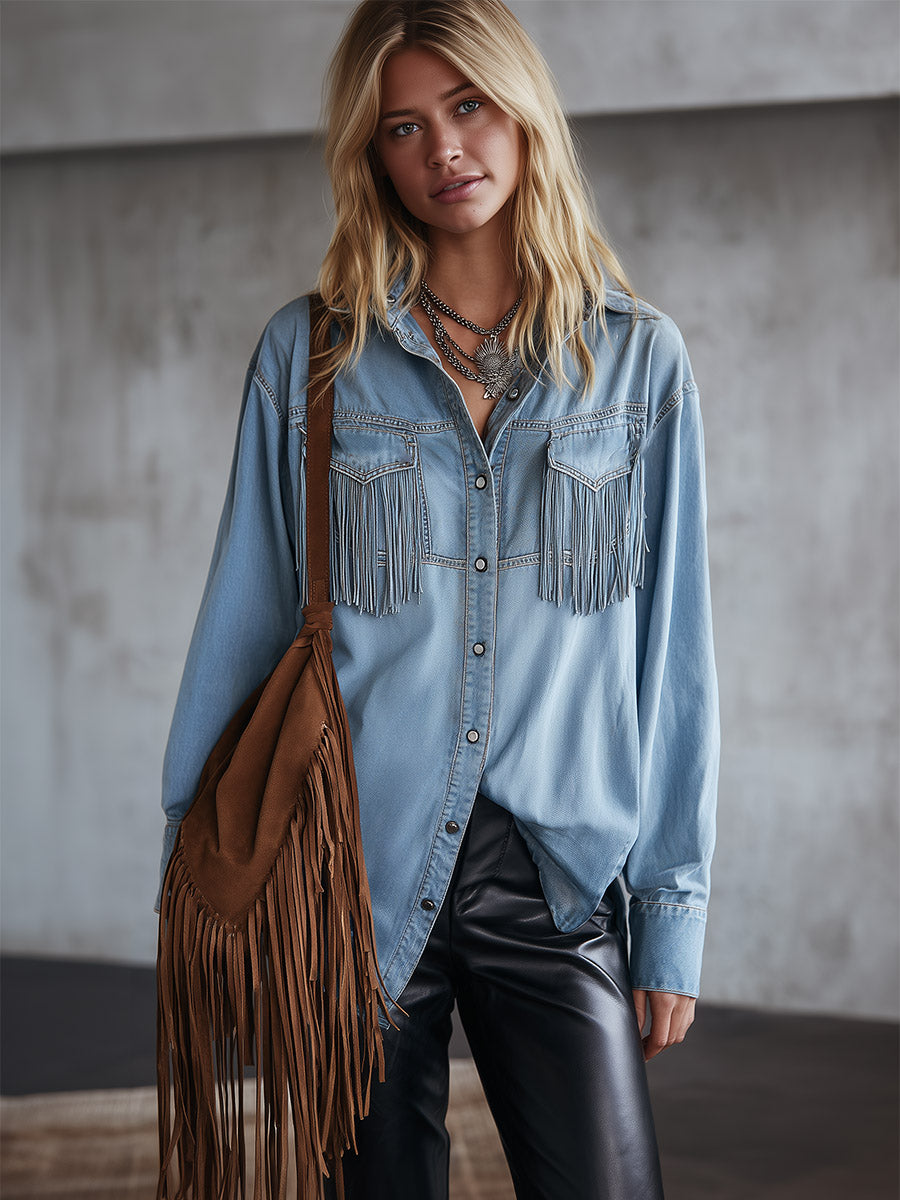 Chic & Casual Fringed Light Blue Denim Shirt