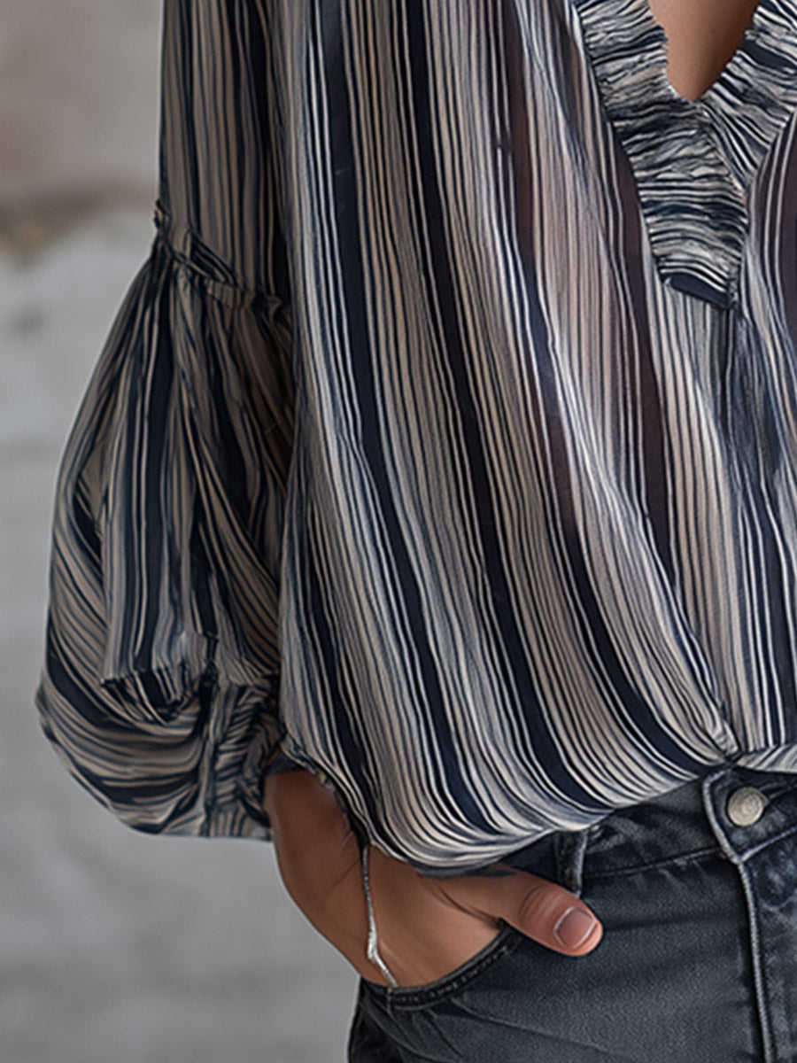 Elegant Vintage V-Neck Ruffled Blue Striped Chiffon Shirt