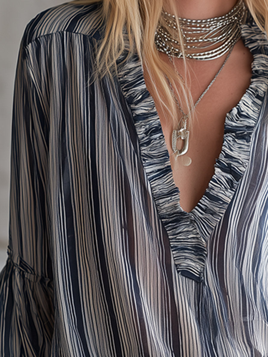 Elegant Vintage V-Neck Ruffled Blue Striped Chiffon Shirt