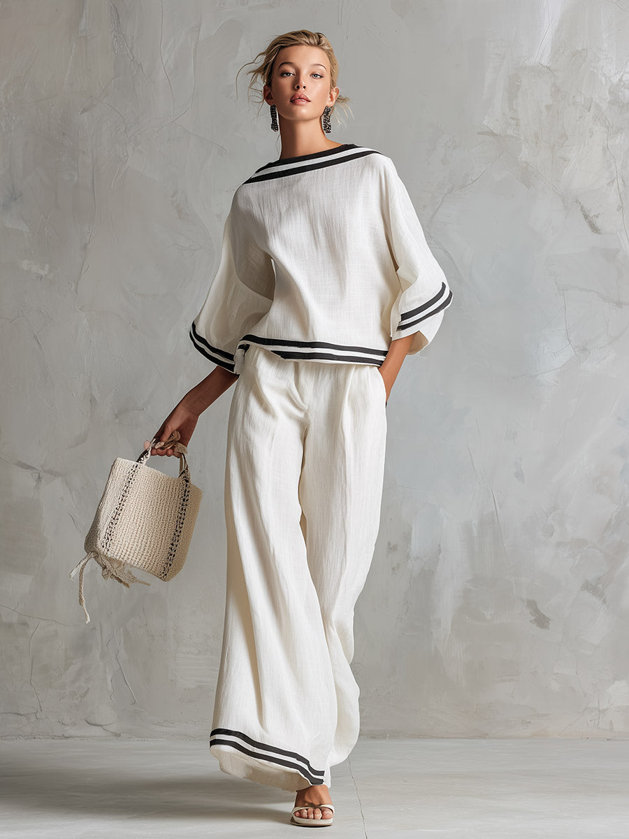 Elegant Minimalist Trim White Cotton-Linen T-Shirt And Wide-Leg Pants Set